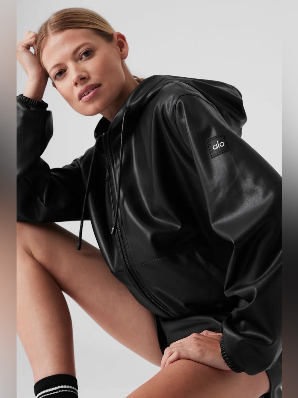 Alo Women's Black Hooded Zip Faux Leather Jacket